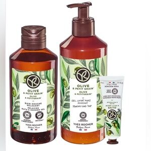 Yves Rocher Olive Petitgrain Gel, Hand Soap, Cream Gift Bath & Body Routine Set